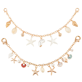 2шт. 2 стили подвески в виде морской звезды из смолы и натуральной раковины каури, декоративные цепочки для сумок из сплава, с металлическими застежками и эмалью, золотые