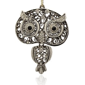Antique Silver Alloy Rhinestone Owl Hollow Big Pendants, 63x49x15mm, Hole: 2mm