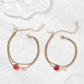 Браслеты из натурального красного агата ограненных плоских круглых звеньев с латунными кубическими элементами., 304 Браслеты из нержавеющей стали с цепочками роло, двухслойные