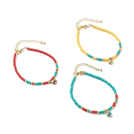 Flat Round Evil Eye Lampwork Tiny Charm Protection Lucky Bracelet, Glass Seed Beads Bracelet for Women, Golden
