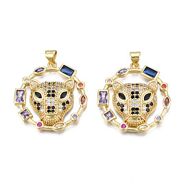 Micro cuivres ouvrent pendentifs zircone cubique, avec bouton pression en laiton, sans nickel, réel 18 k plaqué or, anneau avec léopard