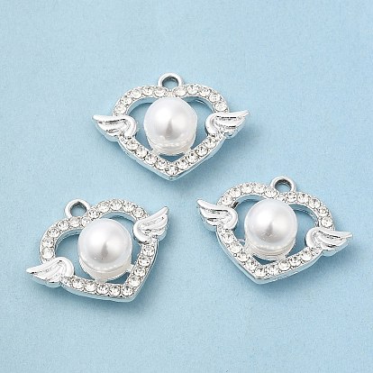 UV Plating Alloy Rhinestone Pendants, with ABS Plastic Imitation Pearl, Cadmium Free & Lead Free, Heart with Wing Charms