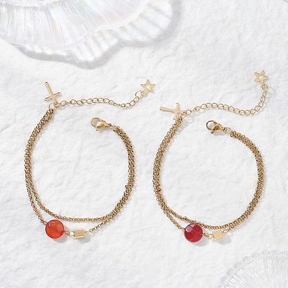 Браслеты из натурального красного агата ограненных плоских круглых звеньев с латунными кубическими элементами., 304 Браслеты из нержавеющей стали с цепочками роло, двухслойные