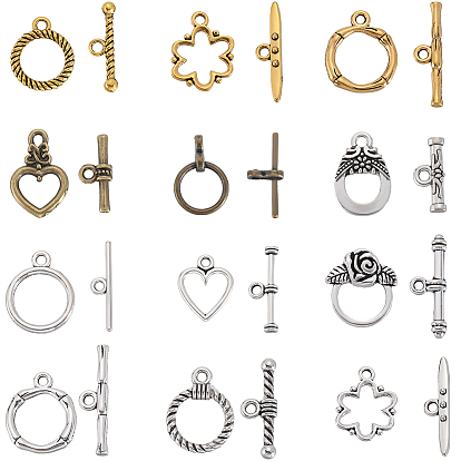 120Pcs 12 Styles Tibetan Style Toggle Clasps, Flower & Heart & Teardrop, Mixed Shapes
