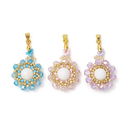 Подвески из натурального нефрита машан (окрашенные и нагретые), Цветочные стеклянные бусины в обертке с латунными дужками золотистого цвета