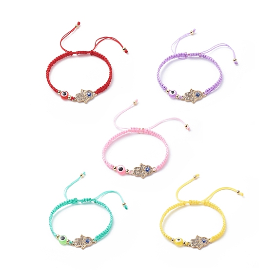 Adjustable Nylon Thread Cord Braided Beaded Bracelets, with Evil Eye Resin Beads and Alloy Rhinestone Hamsa Hand Beads