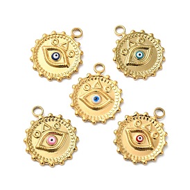 304 Stainless Steel Enamel Pendants, Real 18K Gold Plated, Flat Round with Evil Eye Charm