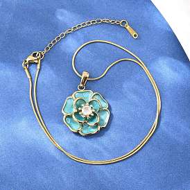 304 ожерелья с подвесками в виде цветка из нержавеющей стали с прозрачными кубическими цирконами и эмалью, ионное покрытие (ip), зелено-синие