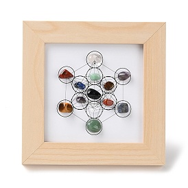 Support de cadre photo chakra de pierre précieuse à motif hexagonal métatron, avec cadre photo carré en bois, décoration de bureau à domicile en pierre d'énergie reiki