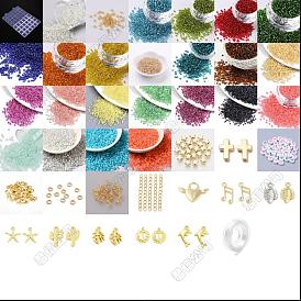 DIY-Armband-Sets aus runden Rocailles-Perlen aus Glas und Charms aus Legierung