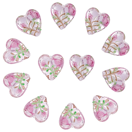 20шт. прозрачные бусины ручной работы в технике лэмпворк, Сердце со цветками 