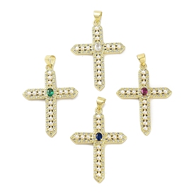 Rack Plating Brass Micro Pave Cubic Zirconia & Imitation Pearl Pendants, Lead Free & Cadmium Free, Long-Lasting Plated, Real 18K Gold Plated, Cross