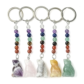 Bird Natural Gemstone Keychain, with 7 Chakra Beads and Iron Key Rings, for Women Men Hanging Car Bag Charms