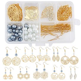 SUNNYCLUE DIY Flower & Leaf Theme Earring Making Kits, with Glass Pearl Beads, Brass Earring Hooks, Metal Eye Pin & Filigree Joiners Links & Pendants
