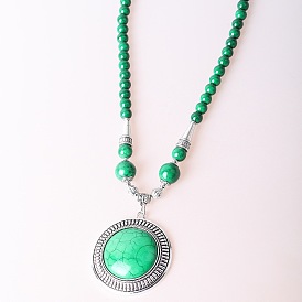 Винтажный сплав с окрашенной синтетической бирюзой, богемный плоский круглый кулон, круглые бусины, ожерелья для женщин, античное серебро