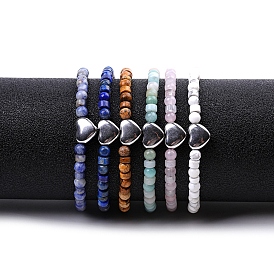 Natural Gemstone Braided Bead Bracelets for Women, with Stainless Steel Beads, Heart