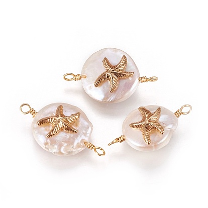 Natural Pearl Links Connectors, with Brass Findings, Flat Round with Starfish/Sea Stars
