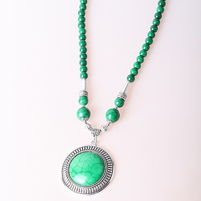 Винтажный сплав с окрашенной синтетической бирюзой, богемный плоский круглый кулон, круглые бусины, ожерелья для женщин, античное серебро