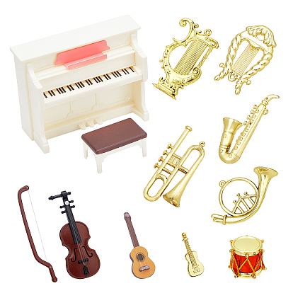 Dollhouse Accessories Pretending Prop Decorations Kit, Including Violin, Guitar, Saxphone, Tuba, Harp, Drums & Piano