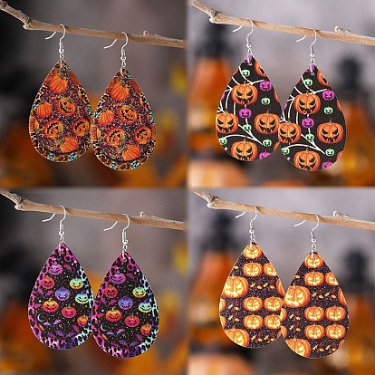 Halloween Wood Earrings, with Stainless Steel Earrings Hook, Teardrop with Pumpkin