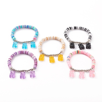 Bracelets à breloques extensibles en argile polymère perles heishi, avec des perles rondes en fer plaqué platine et des pendentifs ours en résine