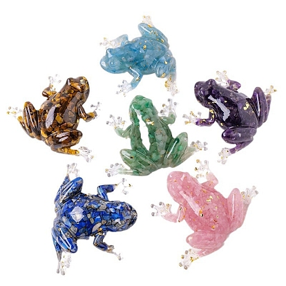 Resin Frog Display Decoration, with Natural Gemstone Chips inside Statues for Home Office Decorations