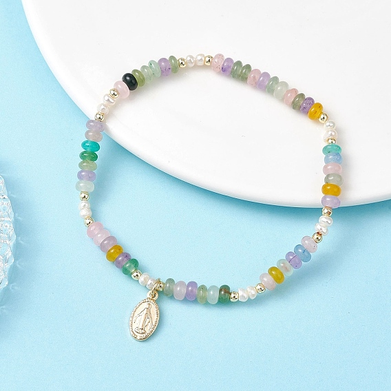 04 из нержавеющей стали шарм браслеты, Браслеты-рондели из натурального культивированного пресноводного жемчуга и окрашенного белого нефрита для женщин, овальные с рисунками " virgin mary"