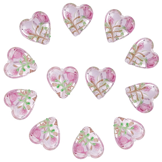 20Pcs Handmade Transparent Lampwork Beads, Heart with Flower