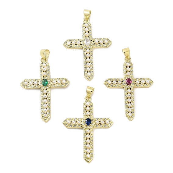 Покрытие стойки латунь микро паве подвески с кубическим цирконием и искусственным жемчугом, без свинца и без кадмия, долговечный, реальный 18 k позолоченный, крестик