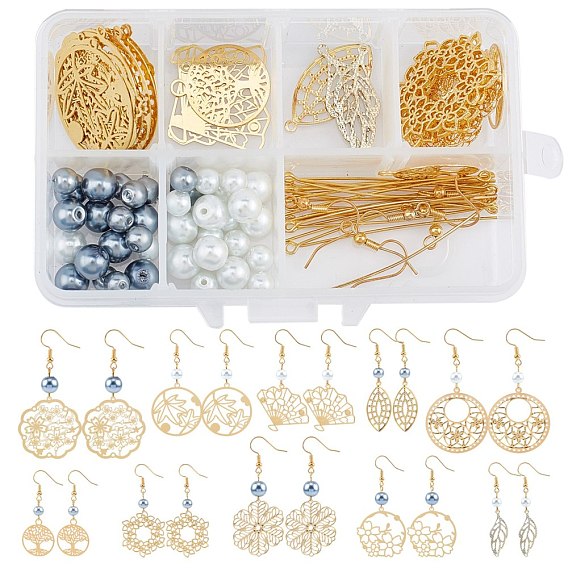 DIY Flower & Leaf Theme Earring Making Kits, with Glass Pearl Beads, Brass Earring Hooks, Metal Eye Pin & Filigree Joiners Links & Pendants