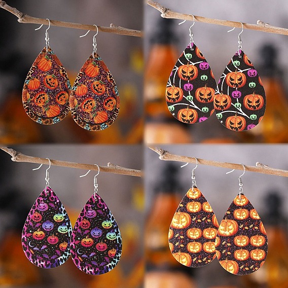 Halloween Wood Earrings, with Stainless Steel Earrings Hook, Teardrop with Pumpkin
