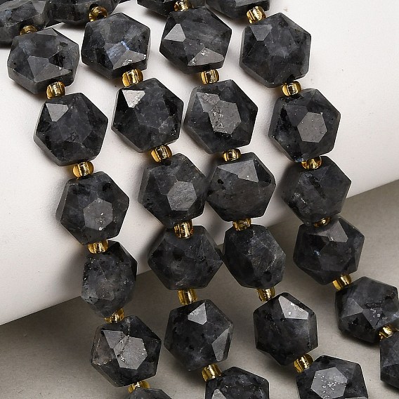 Natural Larvikite Beads Strands, Hexagon, Faceted, with Seed Beads