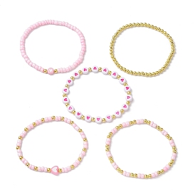 5Pcs 5 Styles Heart Acrylic & Glass Seed Beaded Stretch Bracelet Sets, Stackable Bracelets for Women