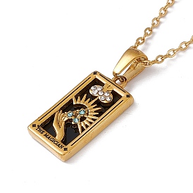 Brass The Magician Rectangle Tarot Card Pendant Necklace with Cubic Zirconia, 304 Stainless Steel Jewelry for Women