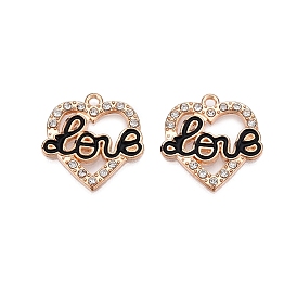 Alloy Enamel Pendants, with Crystal Rhinestone, Cadmium Free & Lead Free, Light Gold, Heart & Word LOVE  Charms