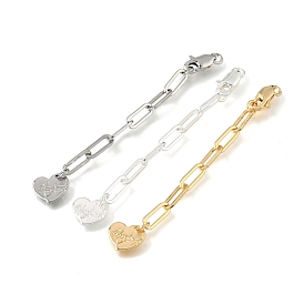 Brass Paperclip Chain Extender, End Chains with Lobster Claw Clasps and Heart Charms, Rack Plating, Long-Lasting Plated