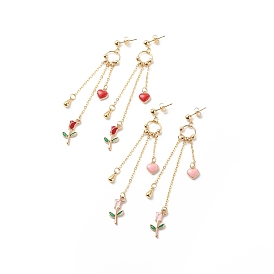 Enamel Heart & Rose Dangle Stud Earrings, Gold Plated Alloy Long Tassel Drop Earrings for Valentine's Day