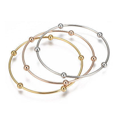 304 Stainless Steel Bangle Sets, with Round Beads, 68mm, about 3pcs/set
