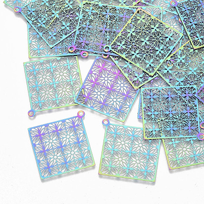 Ion Plating(IP) 201 Stainless Steel Filigree Pendants, Etched Metal Embellishments, Rhombus