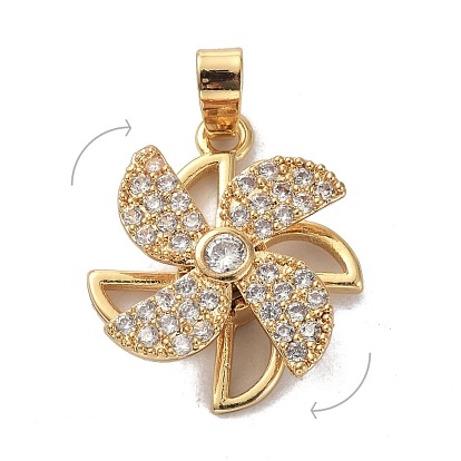 Brass Micro Pave Clear Cubic Zirconia Pendants, Rotatable, Windmill