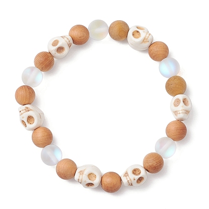 Браслеты из натуральных круглых бусин из дерева для женщин, череп, с синтетической бирюзой и синтетическим лунным камнем