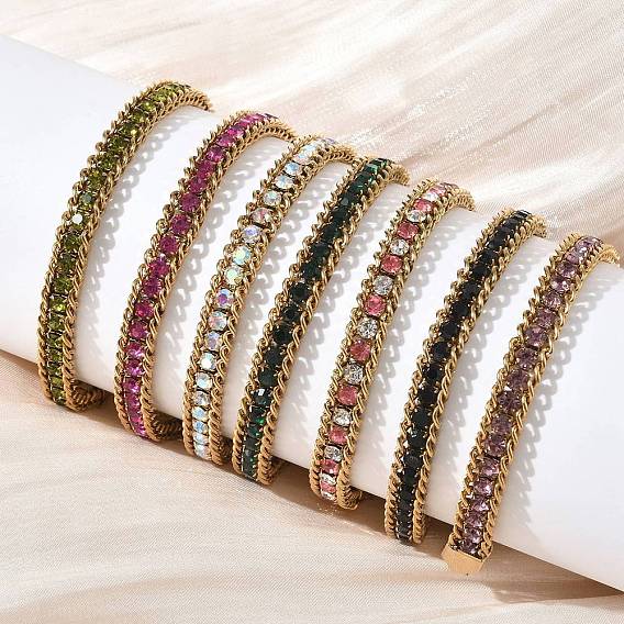 304 Bracelets de tennis en acier inoxydable ornés de strass et de chaînes torsadées, placage ionique (ip), or