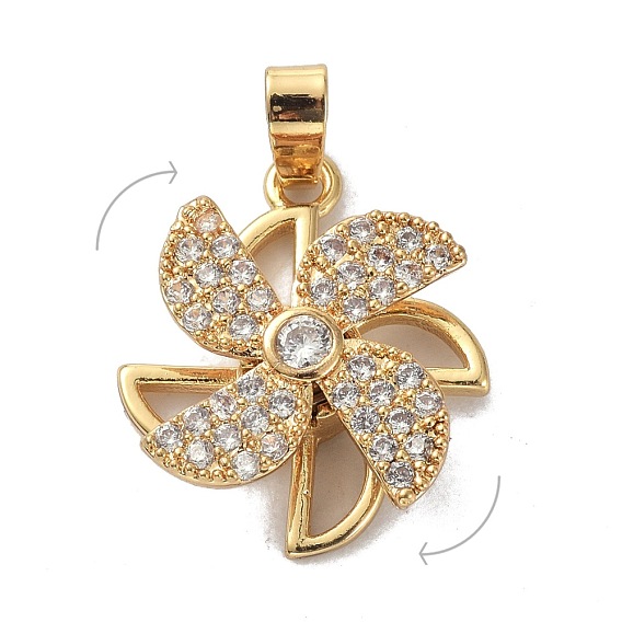 Brass Micro Pave Clear Cubic Zirconia Pendants, Rotatable, Windmill