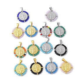 304 подвески из нержавеющей стали, со стеклянными бусинами, ионное покрытие (ip), плоский круглый с шалфеем