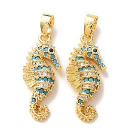 Brass Micro Pave Deep Sky Blue Cubic Zirconia Pendants, Sea Horse Charms