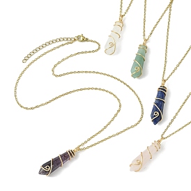 Natural Mixed Gemstone Faceted Bullet Shaped Pendant Necklaces, with 304 Stainless Steel Cable Chain