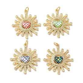 Sun with Heart Brass Micro Pave Cubic Zirconia Pendants, with Enamel & Shell, Long-Lasting Plated, Lead Free & Cadmium Free, Real 18K Gold Plated, with Jump Rings