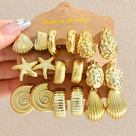 9 пары серег-гвоздиков из пластика с текстурой CCB, каплевидная форма, форма ракушки и морская звезда