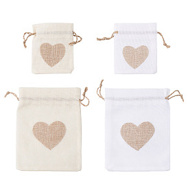 12Pcs 4 Styles Burlap Packing Pouches, Drawstring Bags, Rectangle with Heart