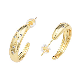 Cubic Zirconia Moon and Star Half Hoop Earrings, Golden Brass C-shape Stud Earrings for Women, Nickel Free